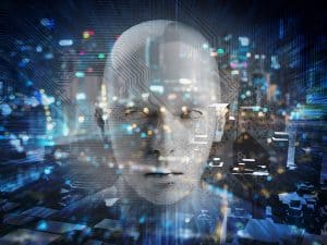 Human head in electronic matrix