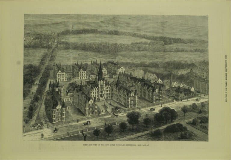 Old drawing of Edinburgh Royal Infirmary building and the meadows