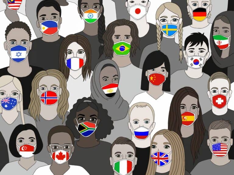 Cartoon people wearing face masks with country flags on them