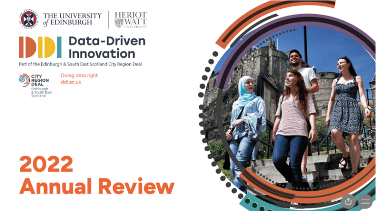 Front cover of Data-Driven Innovation 2022 Annual Review. Includes images of students walking down steps with the backdrop of part of the Edinburgh Castle.