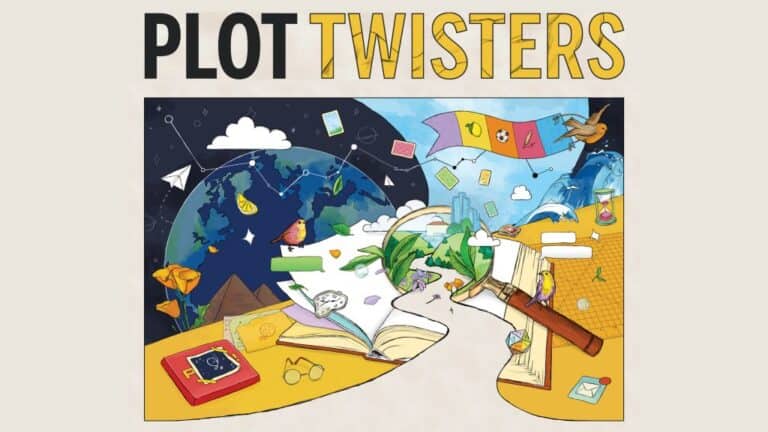 Image of 'Plot Twisters' online game - includes collage illustration of open book, the earth, waves and birds