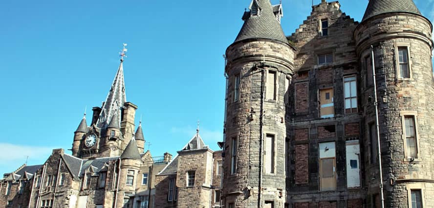 Photograph of one of the wings of the Old Royal Infirmary including a view of the clock tower