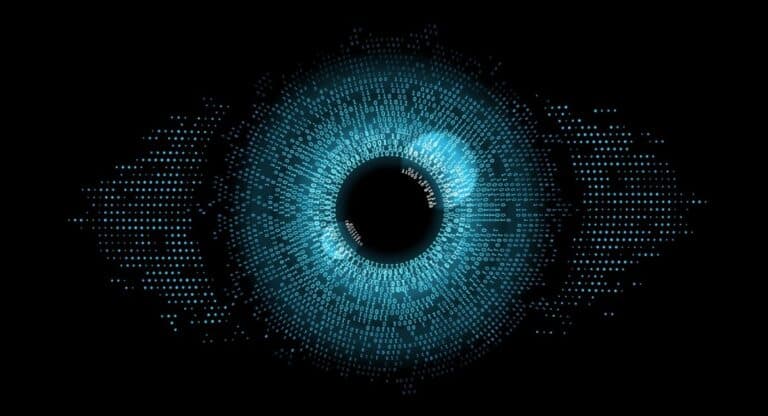 1s and 0s programming datasets forming an image of an eye on a black background