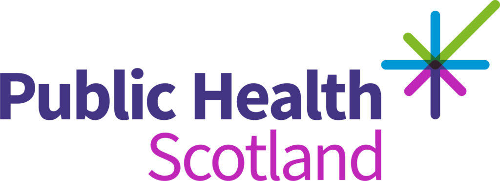 The logo features the text "Public Health Scotland." "Public Health" is in bold purple letters, while "Scotland" is in pink. To the right is a design of intersecting lines in blue, purple, and green, forming a starburst pattern with a central dot.