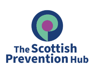 Logo for The Scottish Prevention Hub featuring a circular symbol with a purple dot in the center, and a green arc partially enclosing it, inside a dark blue circle. The text "The Scottish Prevention Hub" is written below in dark blue.