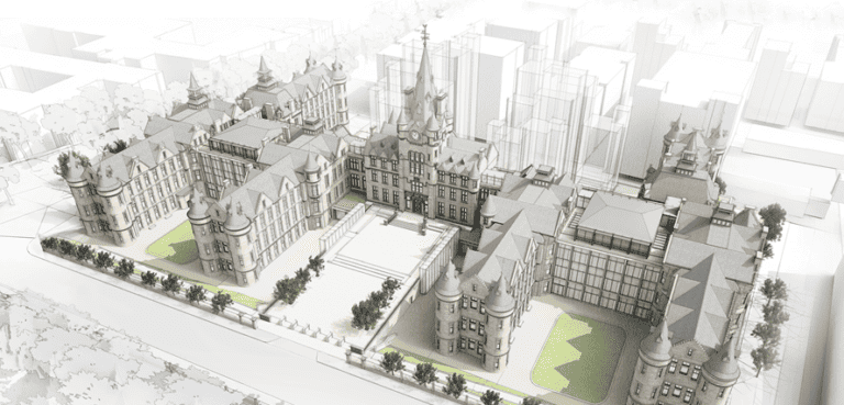 Artist's Impression of the front of the Edinburgh Futures Institute building taken from above.