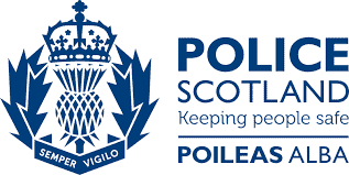 A logo featuring a stylized thistle topped with a crown and the words "Semper Vigilo" below it. Text to the right reads "Police Scotland Keeping people safe," with "Poileas Alba" underneath.