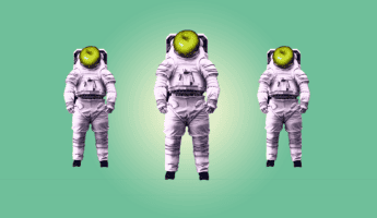 Astronauts with apple as head on mint gradient background