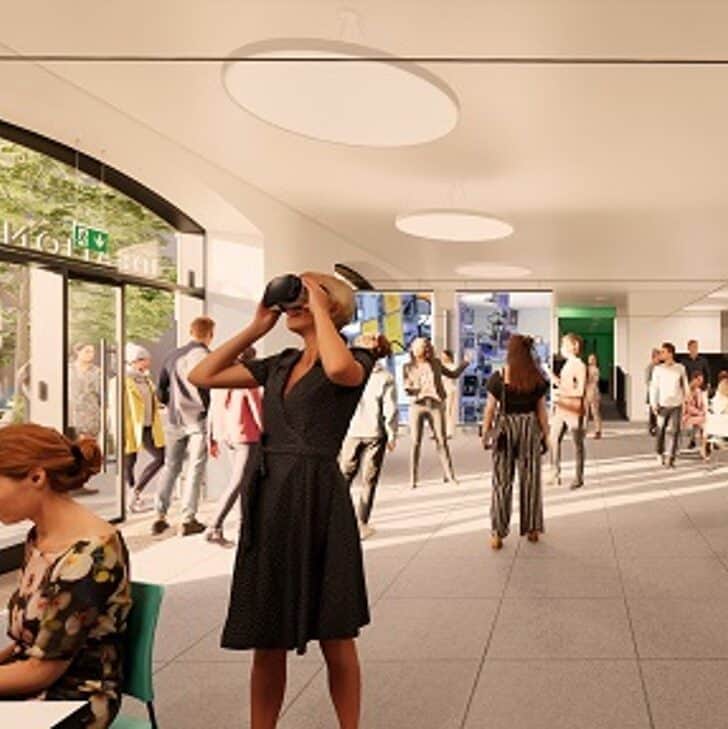 Artist's Impression of brightly lit, open plan room, filled with students within the Edinburgh Futures Institute building.