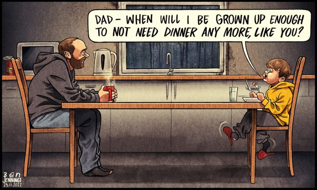 A cartoon shows a man with a beard sitting at a kitchen table, holding a mug, across from a child eating dinner. The child asks, “Dad – when will I be grown up enough to not need dinner anymore, like you?” The man looks surprised. The kitchen window is dark.