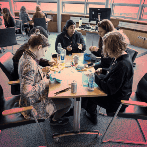 A group of female students sitting at a table doing craftwork, red tint over image.