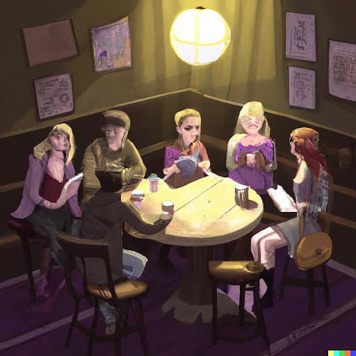 A group of five people sit around a wooden table in a dimly lit room, each engaged in reading or writing. The warm glow of a lamp overhead creates a cozy atmosphere. Paintings and papers hang on the dark walls behind them.