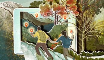 illsutration of two people holding lanterns exploring landscape