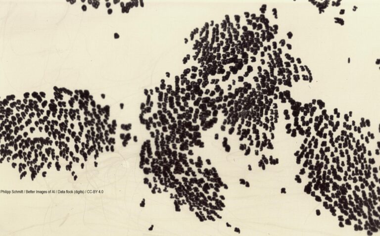 A laptopogram displaying a dataset as cloud-like clusters of black blobs on a neutral background. There are three larger collections, almost resembling a map, with some data points leaking out into the negative space.