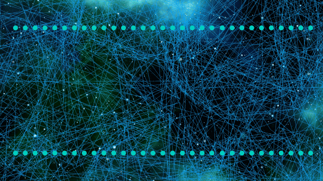 A complex network of interconnected blue lines resembling a neural network extends across a dark background. Two parallel rows of blue dots run horizontally near the top and bottom edges of the image, creating a frame-like effect.