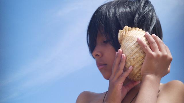 A person with dark hair is holding a large seashell up to their ear while looking down slightly. The sky is clear and blue in the background.