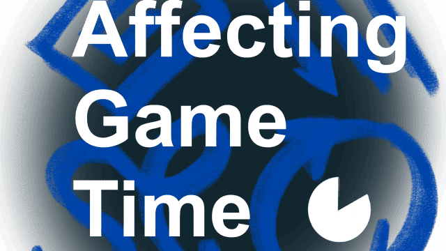 A dark background with white text stating "Affecting Game Time." Blue abstract shapes are scattered behind the text, including arrows and a pie chart.