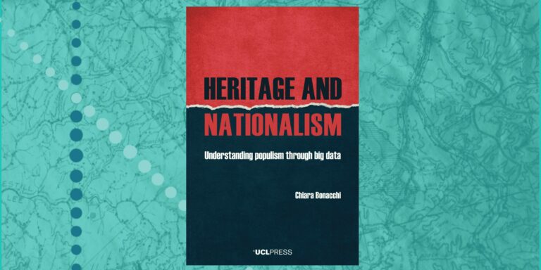 The image shows a book cover titled "Heritage and Nationalism: Understanding populism through big data" by Chiara Bonacchi. The cover features a split design with red on the top and dark blue at the bottom, set against a background of a teal world map.