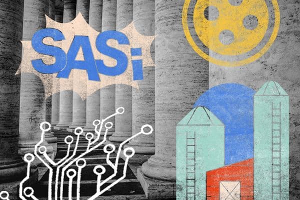 A digitally rendered image features stylized graphics overlaid on a background of ancient stone columns. Elements include the word "SASi" in a comic-style text bubble, a circuit board design, a film reel icon, and an illustration of farm silos and a barn.
