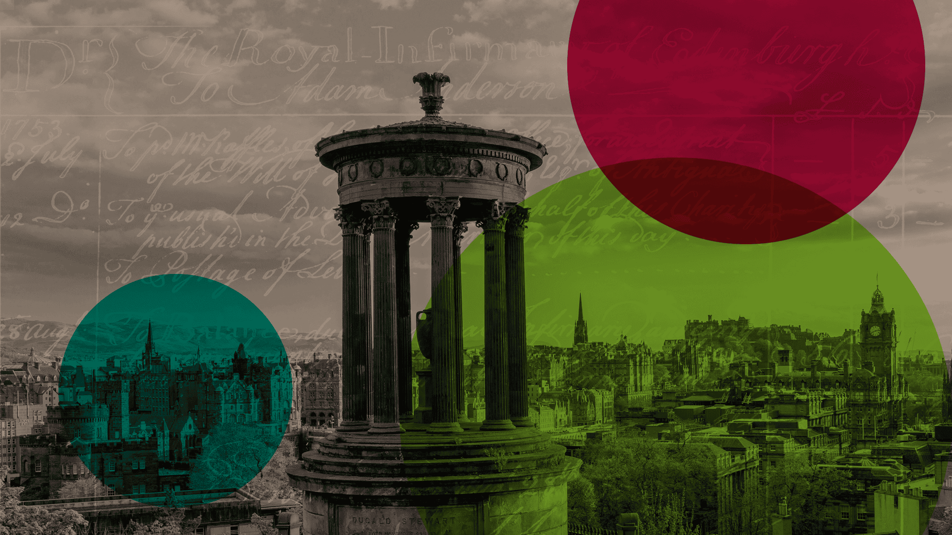 View over Edinburgh Skyline from Calton Hill, with green and red filters over image