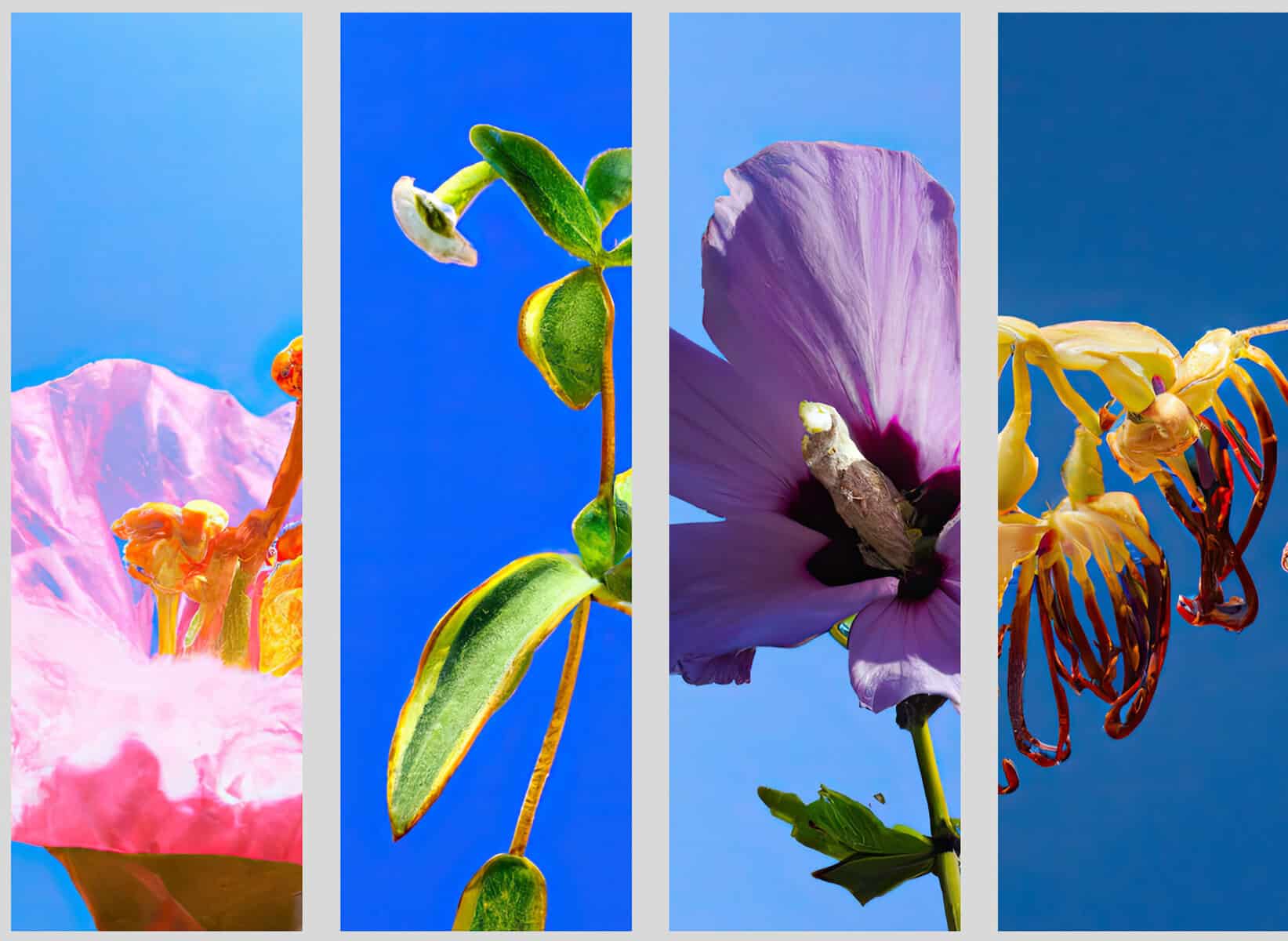 Four vertical panels show different flowers and leaves against a vivid blue sky: a pink bloom, leafy green branch, purple hibiscus-like flower, and a yellow flower with curly red stamens.
