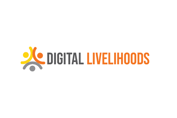 Logo for Digital Livelihoods, featuring three stylized human figures in orange, yellow, and gray forming a circular shape. The text "DIGITAL LIVELIHOODS" is written to the right, with "DIGITAL" in gray and "LIVELIHOODS" in orange.