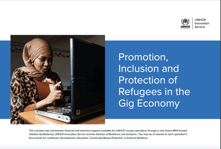 A woman wearing a headscarf and patterned blouse types on a laptop. To her right, there is a blue section with the UNHCR logo and text that reads: "Promotion, Inclusion and Protection of Refugees in the Gig Economy." Below is a brief description of a concept note.
.