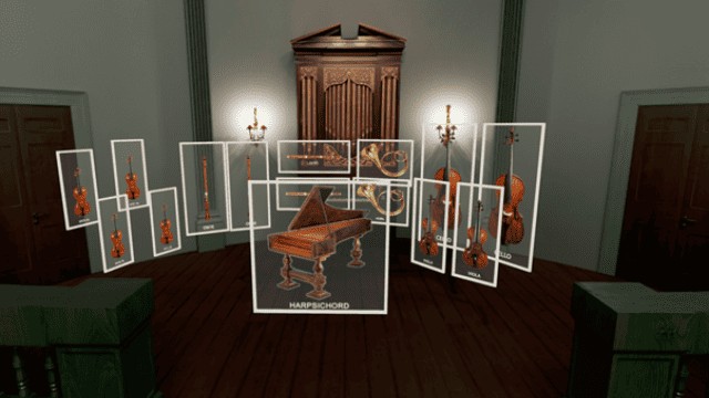 A digital display in a dimly lit room showcases various classical instruments, including a prominent harpsichord, violins, a cello, and more, in floating glass panels. The background features large double doors and ornate wall sconces illuminating the scene.