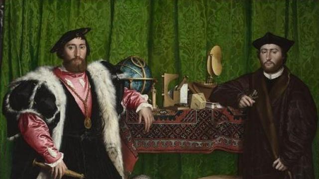 A painting depicts two men standing beside a table with various scientific instruments, including a globe and a lute, against a green curtain backdrop. The man on the left wears elaborate clothing with a fur collar, while the man on the right is dressed more plainly.