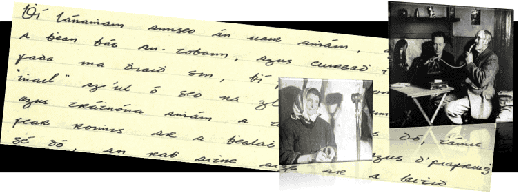 A collage with a handwritten letter in Gaelic in the background, featuring two inset photos: one of a person reading a book and another of a person being interviewed or recorded with a microphone by another person. Both photos are in black and white.