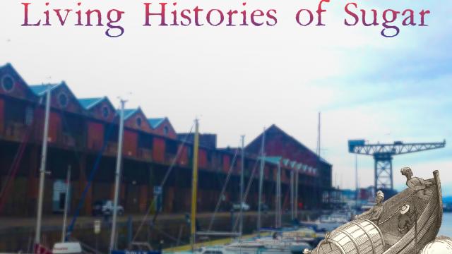 An image titled "Living Histories of Sugar" shows a dock area with several boats moored and old industrial buildings in the background. A small, vintage-style illustration of a sugar barrel with workers on it is overlaid on the bottom right corner.