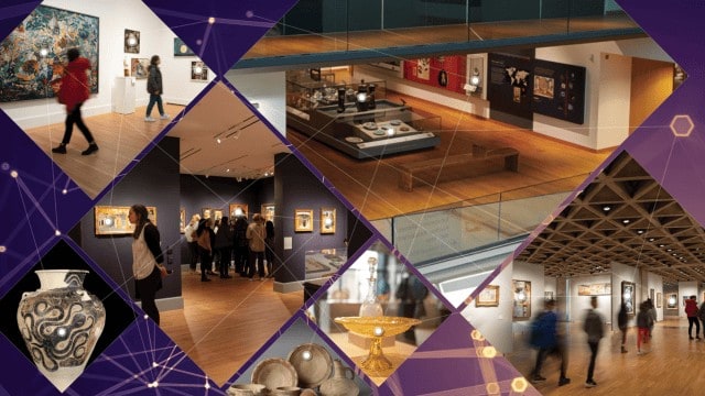 A collage of museum interior views features various exhibits and visitors. Displays include paintings, sculptures, ceramics, and other artifacts, all set against a wooden floor and well-lit gallery spaces. The collage is overlaid with a purple geometric pattern.