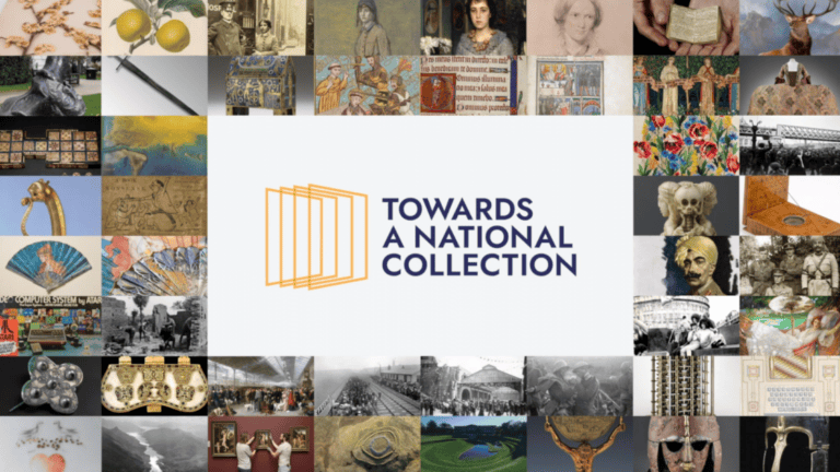 A collage of various historical and cultural artifacts surrounds a central white space with the text "Towards a National Collection" next to a logo consisting of five yellow outlined rectangles stacked slightly behind each other.