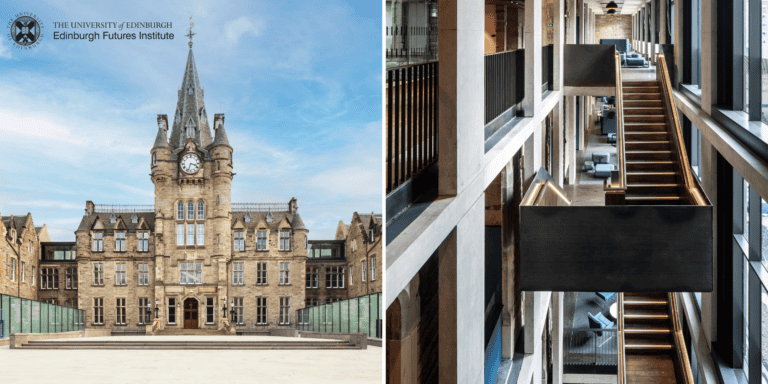 A split image: Left side shows the exterior of the gothic-style Edinburgh Futures Institute building with a clock tower under a blue sky. Right side displays the modern interior with large windows, wooden stairs, and a multi-level open design.