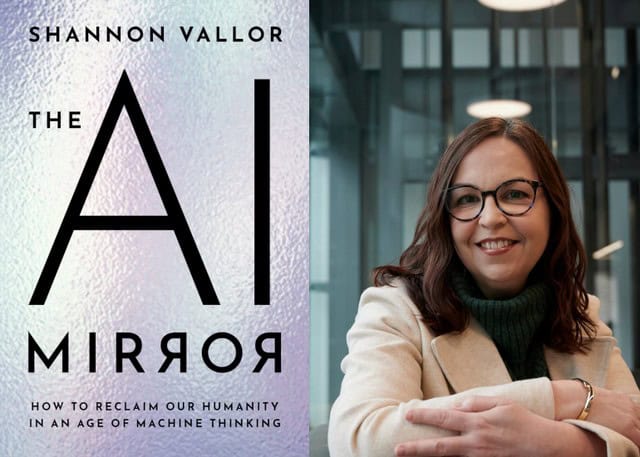 A book cover and a photo of a person side-by-side. The book, titled "The AI Mirror" by Shannon Vallor, has a reflective surface. The person is wearing glasses and a light-colored blazer, smiling while seated with crossed arms in an office setting.