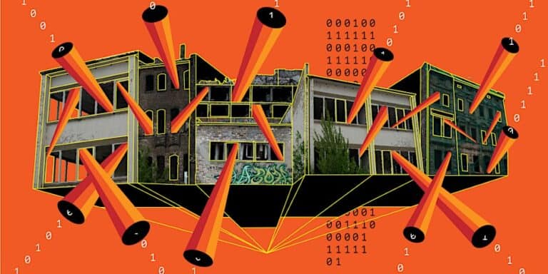A digital collage featuring an abandoned, graffiti-covered building set against an orange background. The building is surrounded by large, cylindrical red and black sensors. Binary code is scattered across the image.