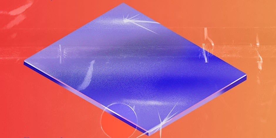 An abstract image featuring a tilted rectangular plane with a shimmering gradient of blue and purple. The background is an orange hue, accented with subtle white sparkles and lines, creating a sense of depth and motion.