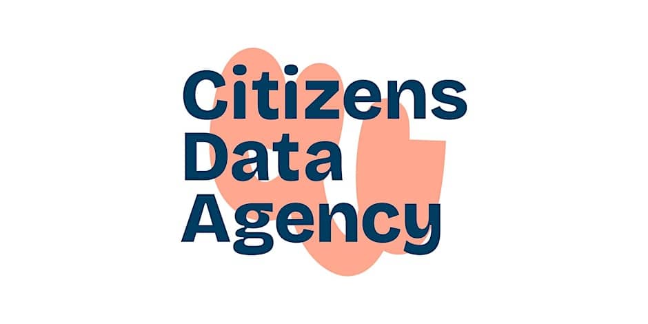 The image features the text "Citizens Data Agency" in dark blue, bold letters. Behind the text, there is an abstract, peach-colored shape that adds a visual element to the graphic. The background is white.