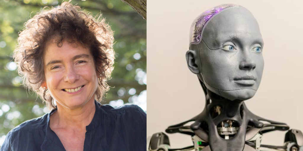 Side by side headshots of Jeanette Winterson and humaoid robot Ameca.