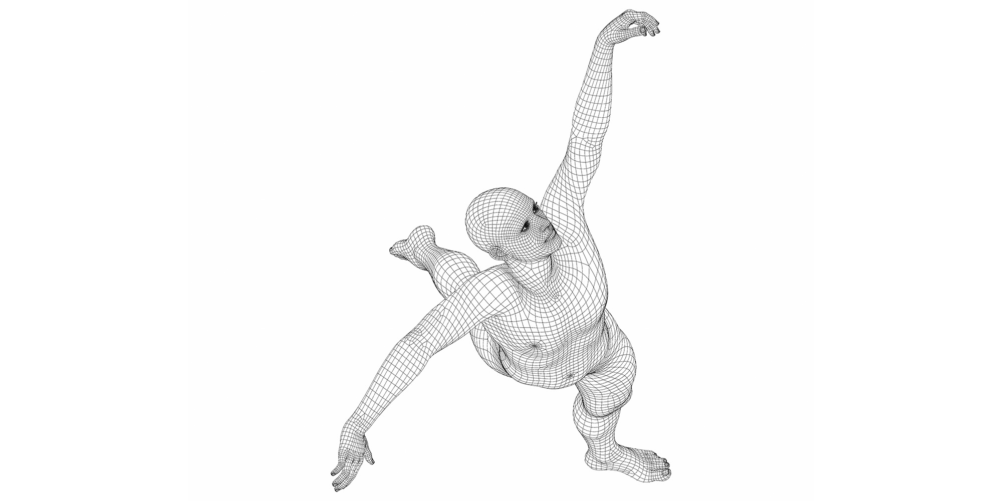 A computer-generated model of a nude humanoid body dancing, seen from above.