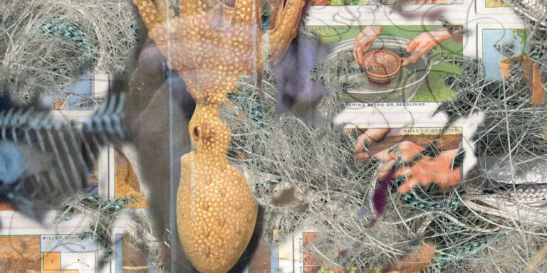 A collage featuring a yellowish, textured squid-like sculpture amidst a mesh of silvery fibers. In the background, there are colorful, overlapping images of hands performing various tasks, creating a layered visual effect.