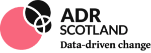 ADR Scotland logo with three overlapping circles, one pink and two black, next to the text “ADR Scotland” and the slogan “Data-driven change” in black font on a light background.
