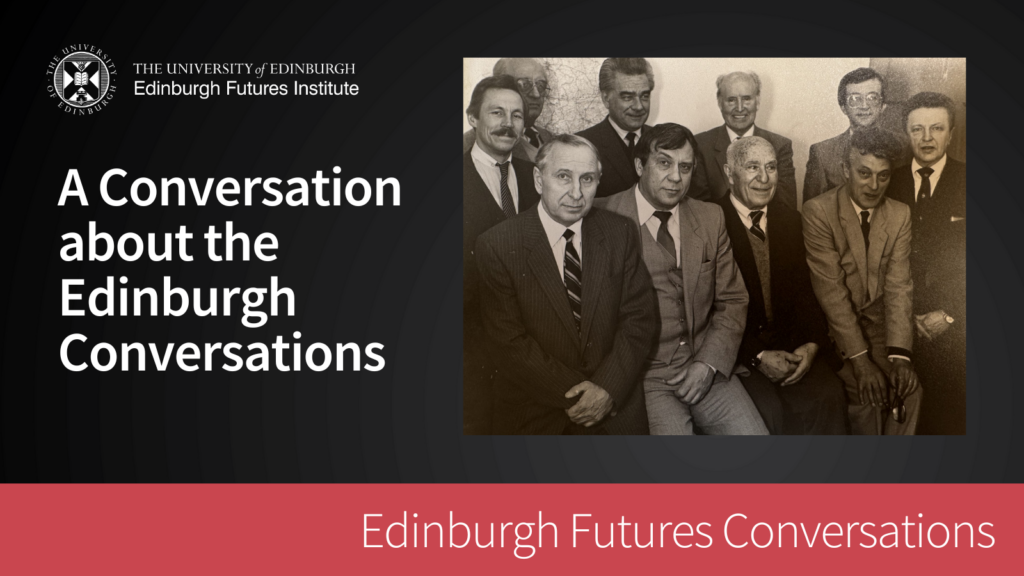 Black background with event text and historic photograph of the members of the Edinburgh Conversations from the 1980s