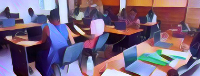 Stylised image of a classroom with students on laptops