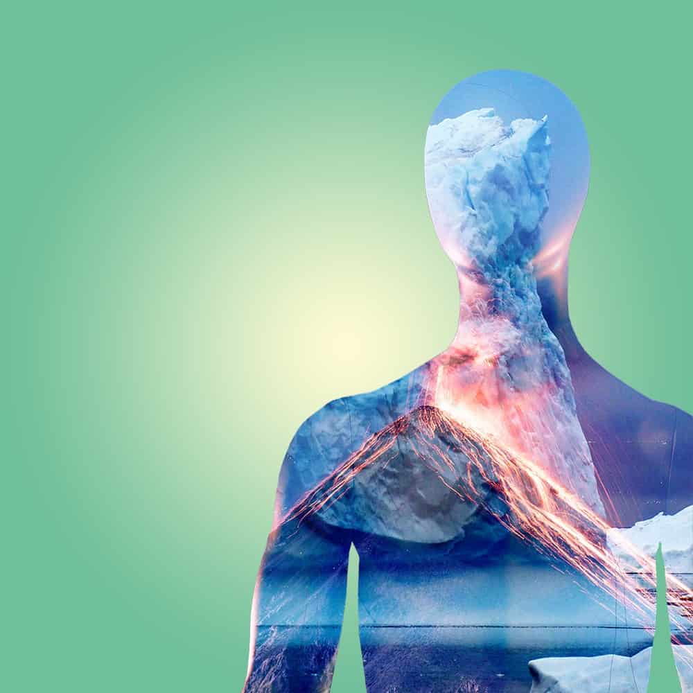 transpartent mannequin with volcano and weather elements inside set against green gradient