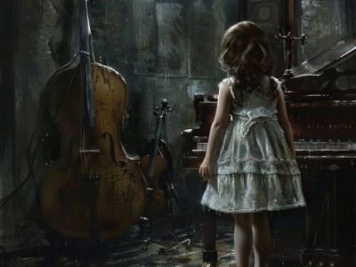 Little girl staring at a double bass