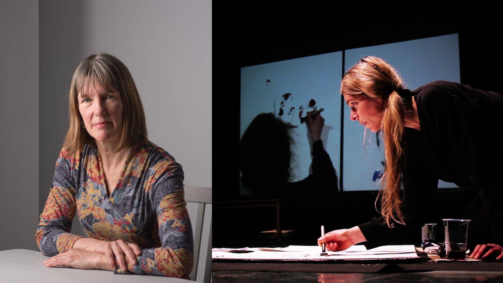 On the left, a woman with long hair in a patterned shirt sits at a table, hands clasped. On the right, another woman with long hair, dressed in dark clothing, draws on a surface with a screen showing her work behind her.