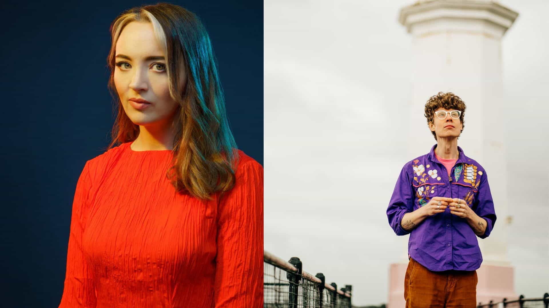 The image shows two separate portraits. On the left, a woman in a red dress stands against a dark background. On the right, a person in a colorful shirt stands outside, looking upward, with a cloudy sky in the background.