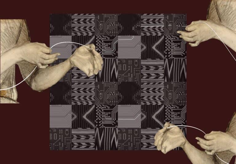 Collage featuring hands manipulating threads against a backdrop of black and white circuit board patterns on a dark brown background. The scene evokes a blend of technology and human touch.