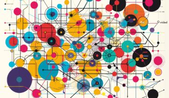 Abstract artwork with interconnected colorful circles and lines on a light background. The design features overlapping shapes in various sizes and vibrant colors such as red, blue, yellow, and black. The word "wicked" is subtly included in the design.
